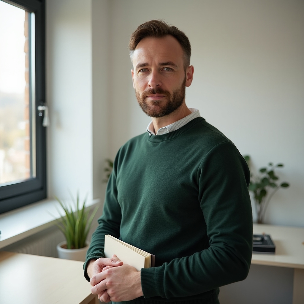 Moderator de program lucrând la birou, fără materiale de sponsorizare vizibile